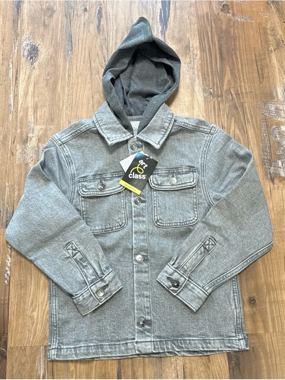 art class Grey Hooded Denim Jacket for Kids
